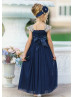 Gold Lace Navy Blue Tulle Ankle Length Flower Girl Dress